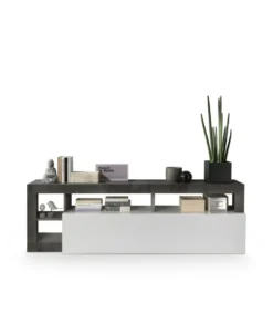 Mobile porta TV 184x58 moderno con anta a ribalta e vani a giorno bianco e ossido PTL9