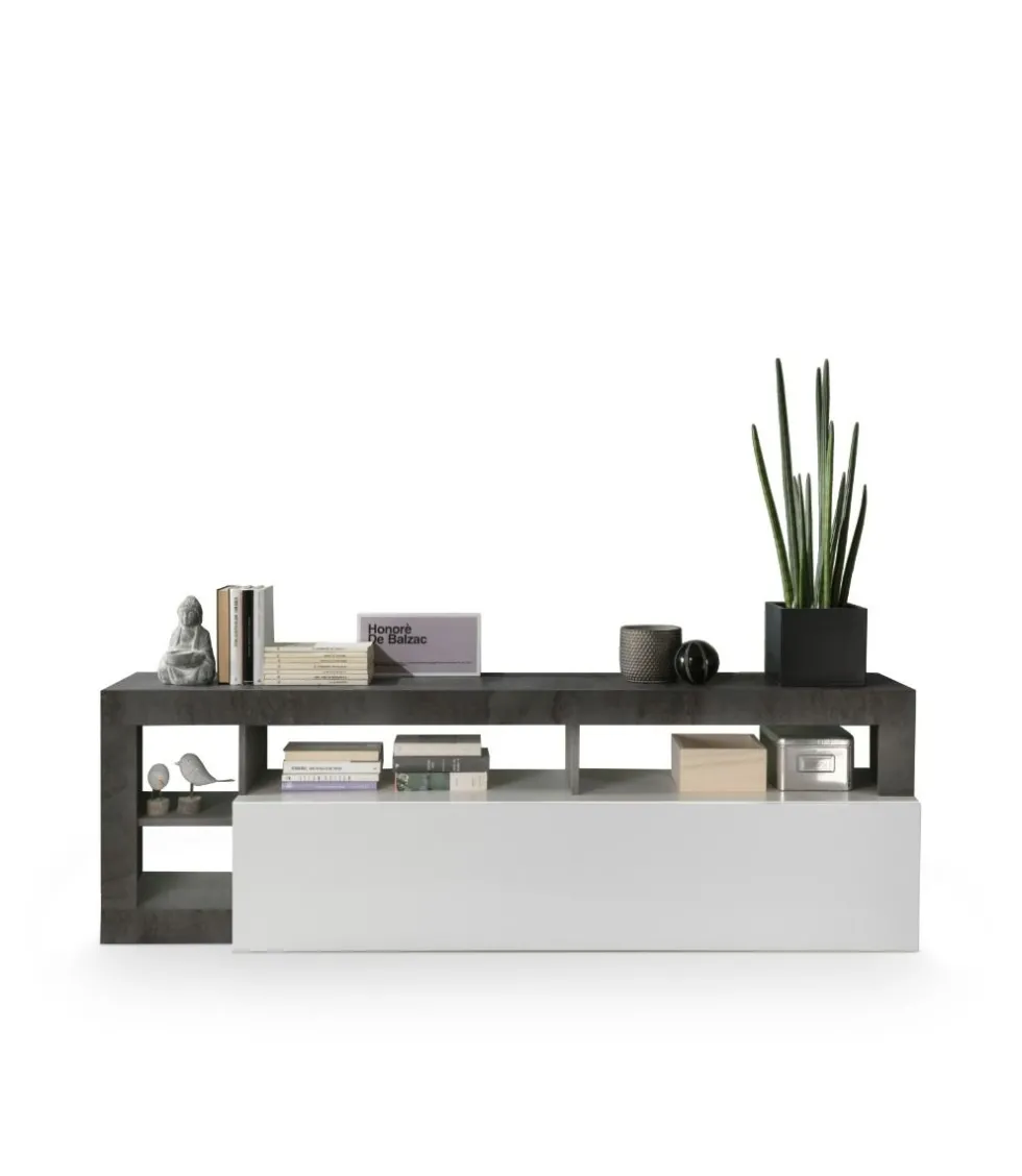 Mobile porta TV 184x58 moderno con anta a ribalta e vani a giorno bianco e ossido PTL9
