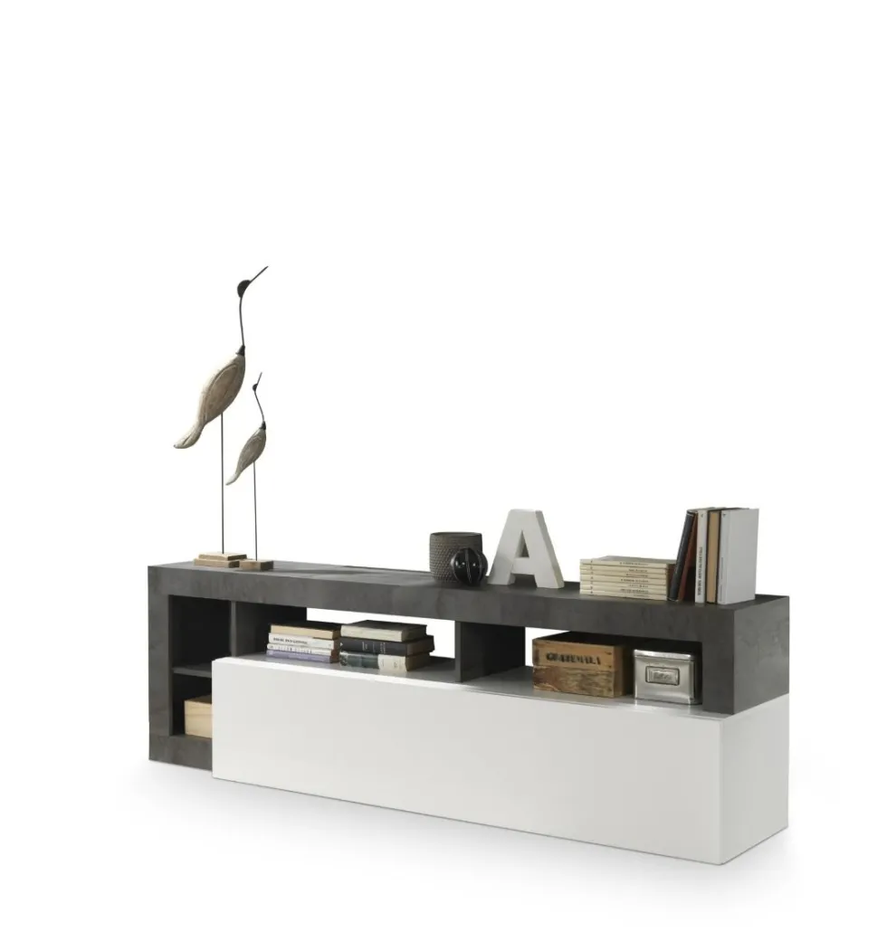 Mobile porta TV 184x58 moderno con anta a ribalta e vani a giorno bianco e ossido PTL9