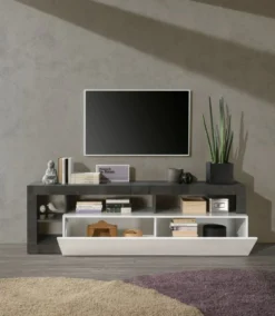 Mobile porta TV 184x58 moderno con anta a ribalta e vani a giorno bianco e ossido PTL9