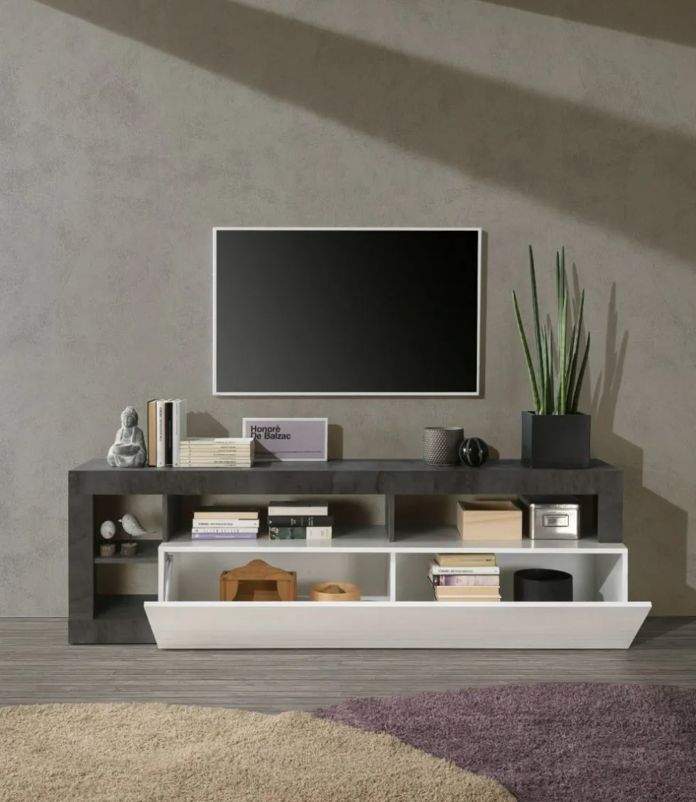 Mobile porta TV 184x58 moderno con anta a ribalta e vani a giorno bianco e ossido PTL9