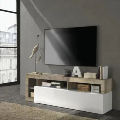 Mobile porta TV 184x58 moderno con anta a ribalta e vani a giorno bianco e pero PTL9