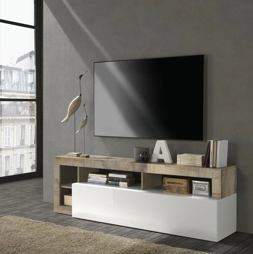 Mobile porta TV 184x58 moderno con anta a ribalta e vani a giorno bianco e pero PTL9