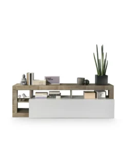 Mobile porta TV 184x58 moderno con anta a ribalta e vani a giorno bianco e pero PTL9