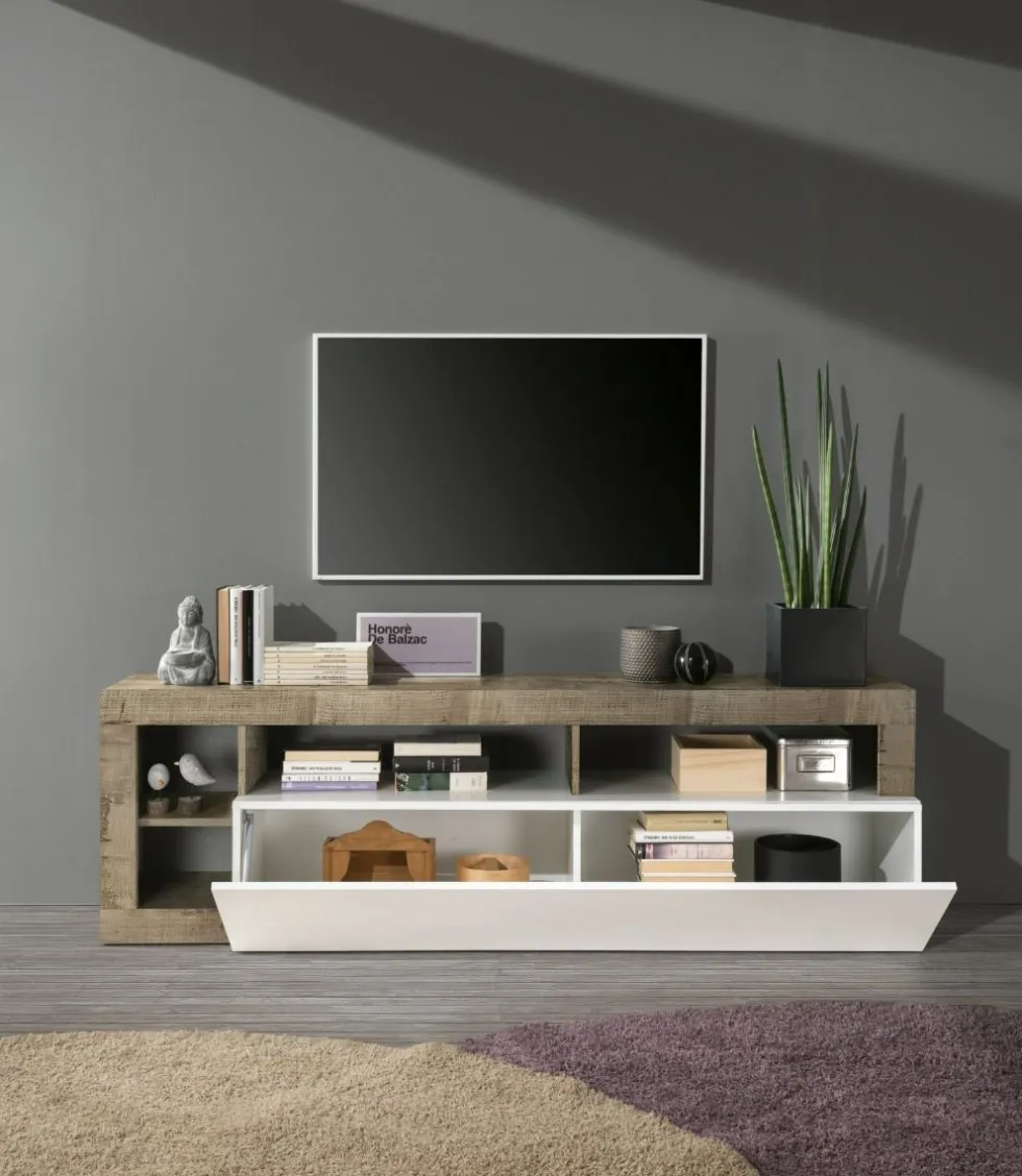 Mobile porta TV 184x58 moderno con anta a ribalta e vani a giorno bianco e pero PTL9