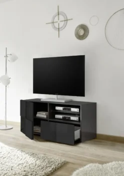 Mobile porta TV 121x57 moderno con anta singola e cassetto design geometrico grigio lucido PTL5