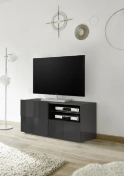 Mobile porta TV 121x57 moderno con anta singola e cassetto design geometrico grigio lucido PTL5