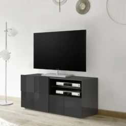 Mobile porta TV 121x57 moderno con anta singola e cassetto design geometrico grigio lucido PTL5