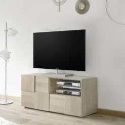 Mobile porta TV 121x57 moderno con anta singola e cassetto design geometrico rovere PTL5