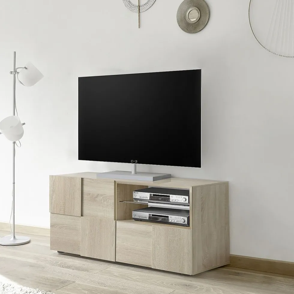Mobile porta TV 121x57 moderno con anta singola e cassetto design geometrico rovere PTL5