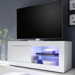 Mobile porta TV 140x56 moderno con anta singola e vani a giorno bianco lucido PTL3
