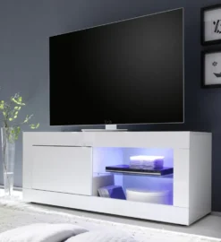 Mobile porta TV 140x56 moderno con anta singola e vani a giorno bianco lucido PTL3