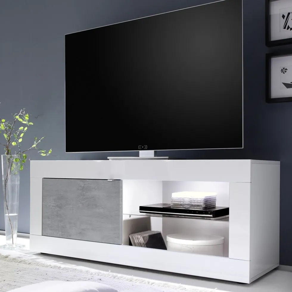 Mobile porta TV 140x56 moderno con anta singola e vani a giorno bianco e cemento PTL3
