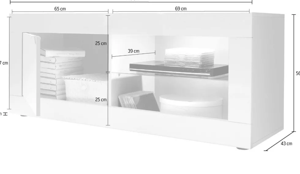 Mobile porta TV 140x56 moderno con anta singola e vani a giorno bianco e cemento PTL3