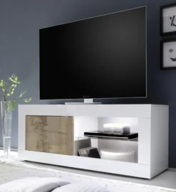 Mobile porta TV 140x56 moderno con anta singola e vani a giorno bianco e pero PTL3