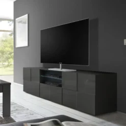 Mobile porta TV 181x57 moderno con design geometrico doppia anta e cassetto grigio lucido PTL4