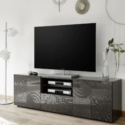 Mobile porta TV 181x57 moderno con due ante e un cassetto grigio serigrafato PTL14