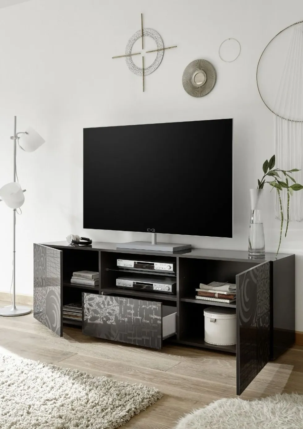Mobile porta TV 181x57 moderno con due ante e un cassetto grigio serigrafato PTL14