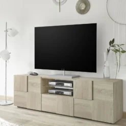 Mobile porta TV 181x57 moderno con design geometrico doppia anta e cassetto rovere PTL4