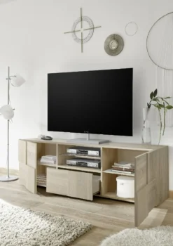 Mobile porta TV 181x57 moderno con design geometrico doppia anta e cassetto rovere PTL4