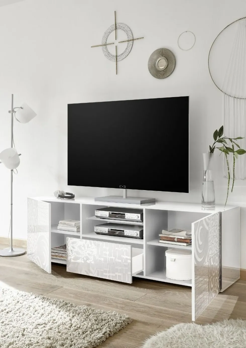Mobile porta TV 181x57 moderno con due ante e un cassetto bianco serigrafato PTL14