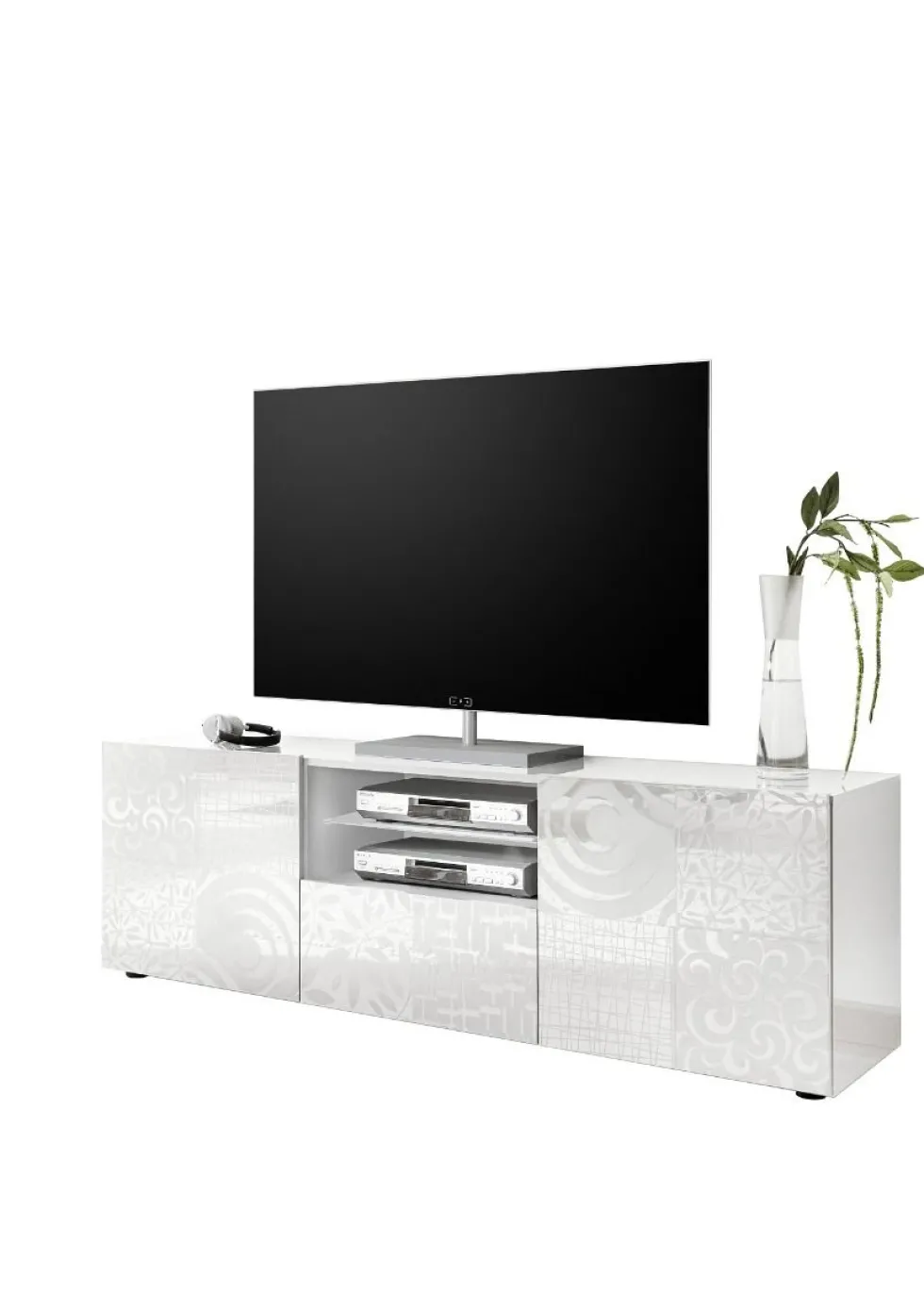 Mobile porta TV 181x57 moderno con due ante e un cassetto bianco serigrafato PTL14