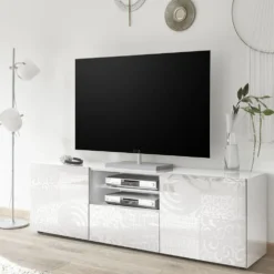 Mobile porta TV 181x57 moderno con due ante e un cassetto bianco serigrafato PTL14