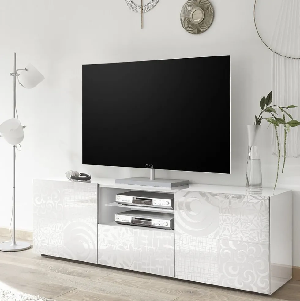 Mobile porta TV 181x57 moderno con due ante e un cassetto bianco serigrafato PTL14