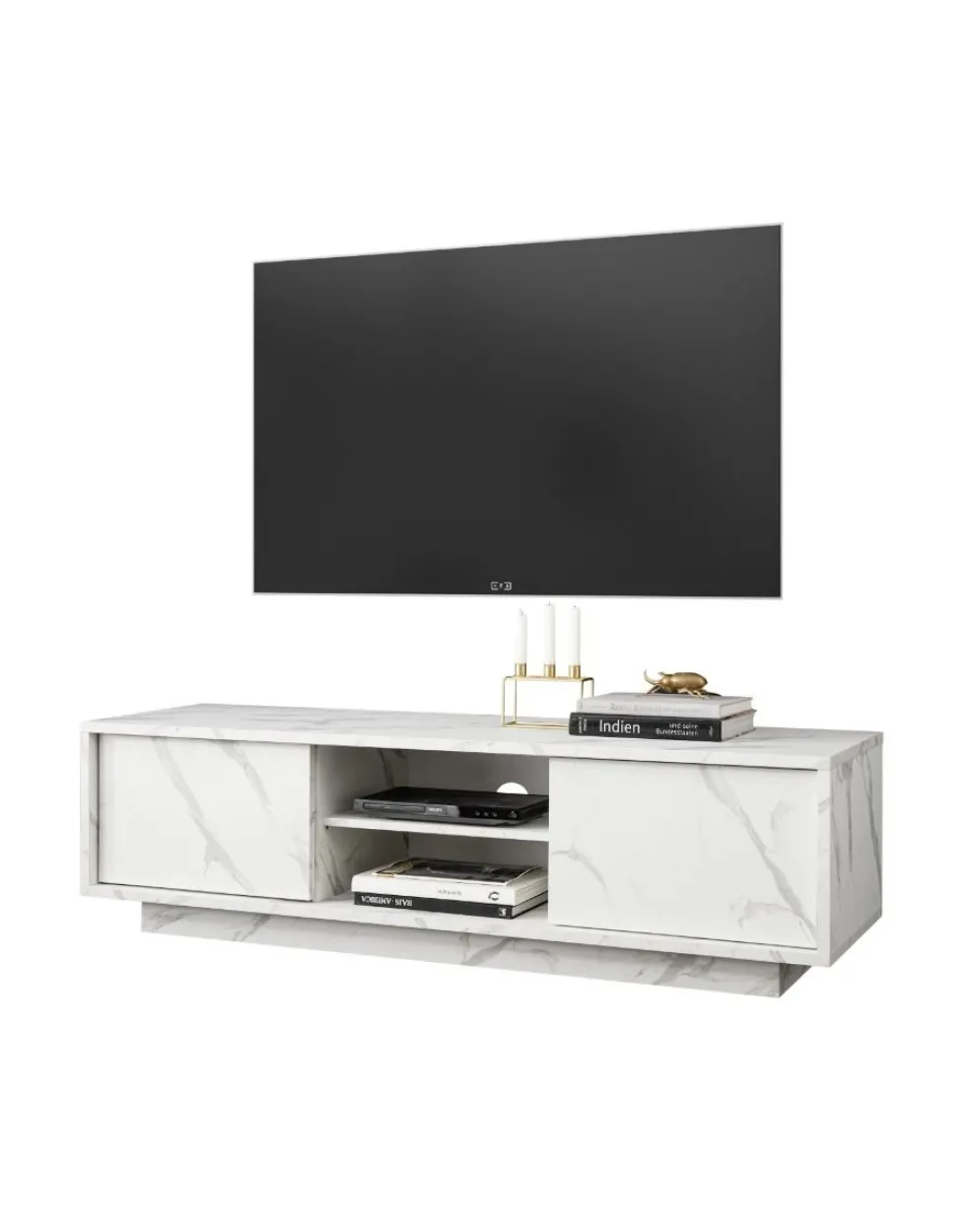 Mobile porta TV 139x44 moderno con due ante marmorizzate marmo bianco PTL10
