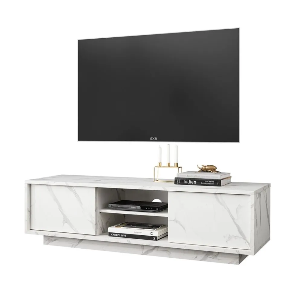 Mobile porta TV 139x44 moderno con due ante marmorizzate marmo bianco PTL10