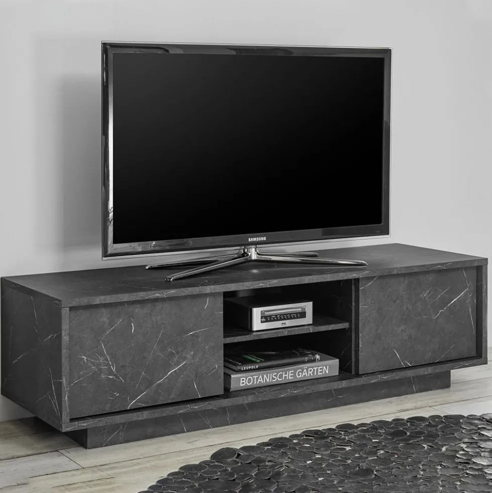 Mobile porta TV 139x44 moderno con due ante marmorizzate marmo nero PTL10