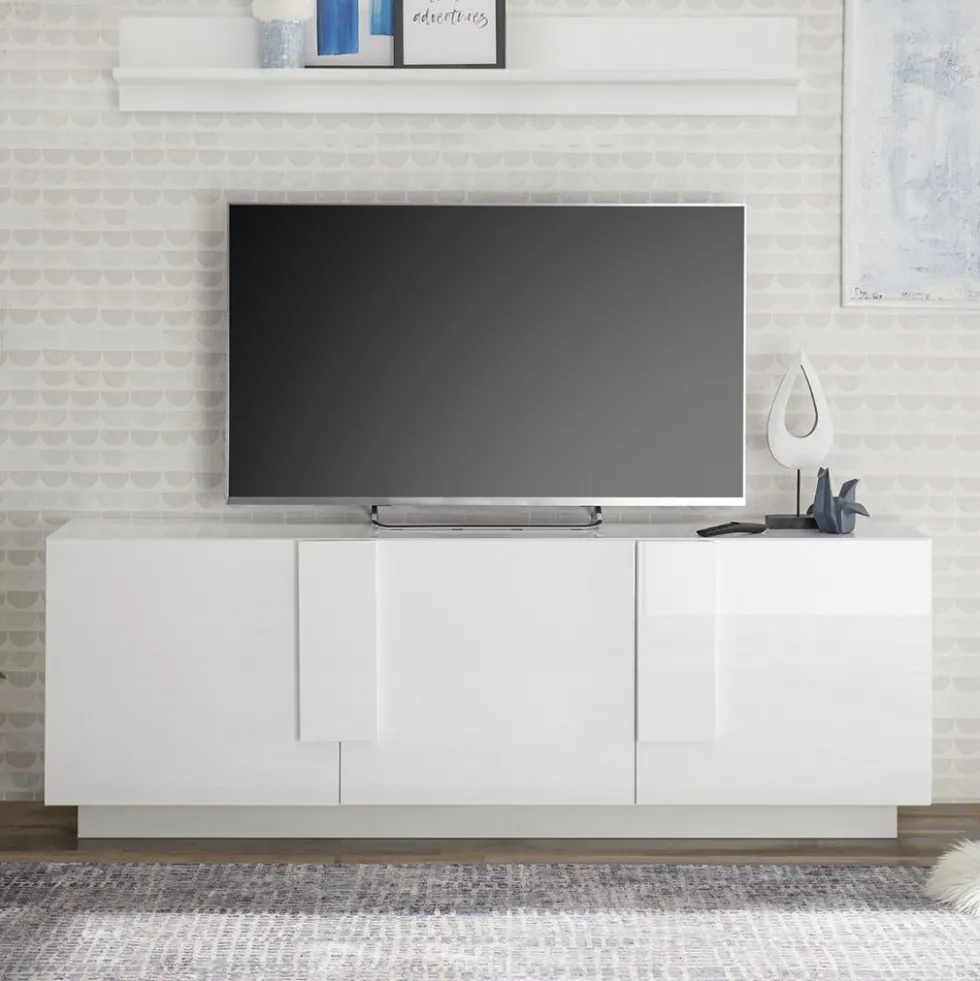 Mobile porta TV 181x63 moderno con tre ante battenti bianco lucido PTL11
