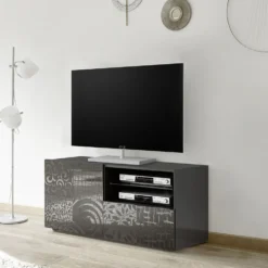 Mobile porta TV 122x57 piccolo moderno con anta singola e cassetto grigio serigrafato PTL15