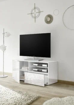 Mobile porta TV 122x57 piccolo moderno con anta singola e cassetto bianco serigrafato PTL15
