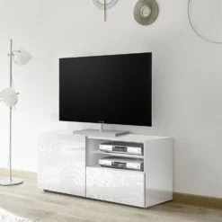 Mobile porta TV 122x57 piccolo moderno con anta singola e cassetto bianco serigrafato PTL15