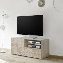 Mobile porta TV 122x57 piccolo moderno con anta singola e cassetto rovere serigrafato PTL15