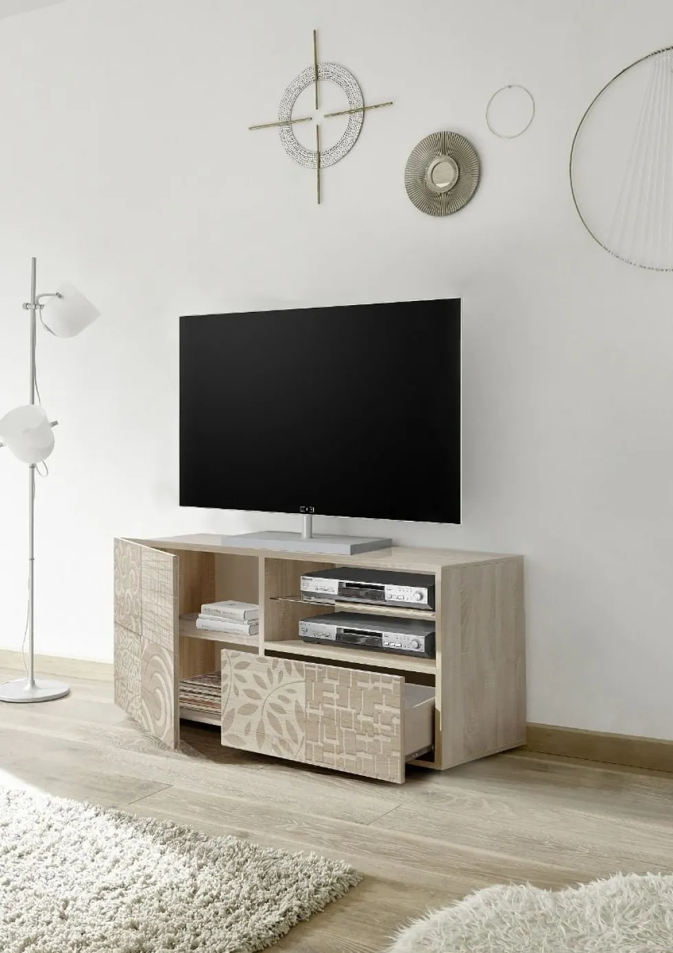 Mobile porta TV 122x57 piccolo moderno con anta singola e cassetto rovere serigrafato PTL15