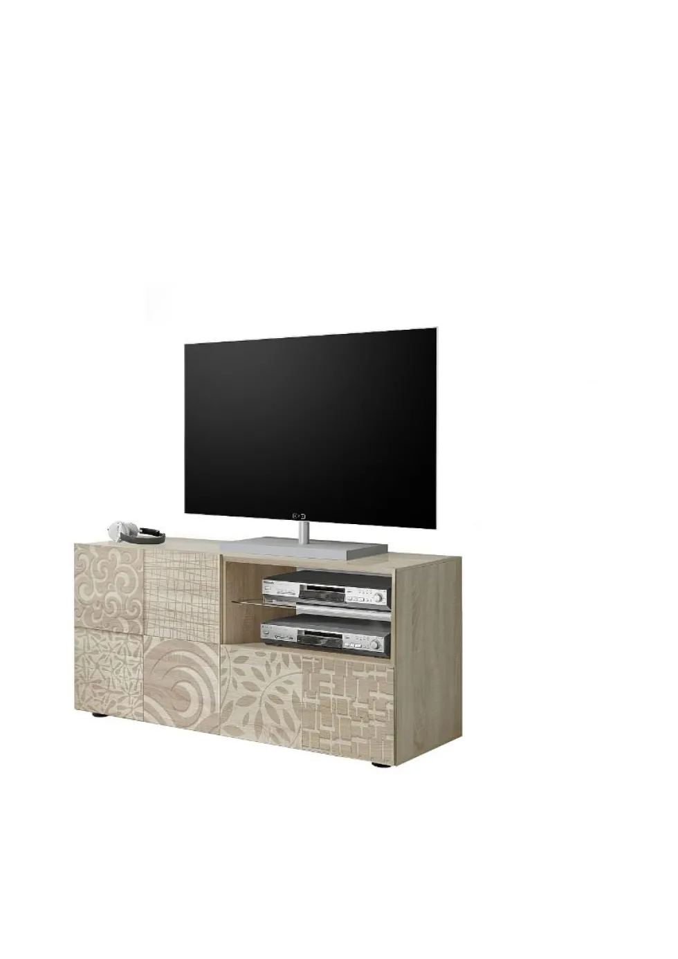 Mobile porta TV 122x57 piccolo moderno con anta singola e cassetto rovere serigrafato PTL15