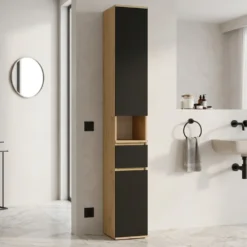 Mobiletto a colonna per bagno 30x202,5 cm in rovere e nero CBT10