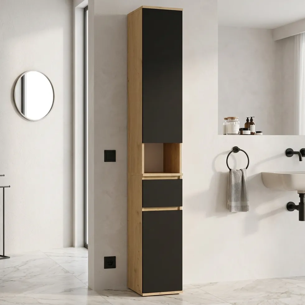 Mobiletto a colonna per bagno 30x202,5 cm in rovere e nero CBT10