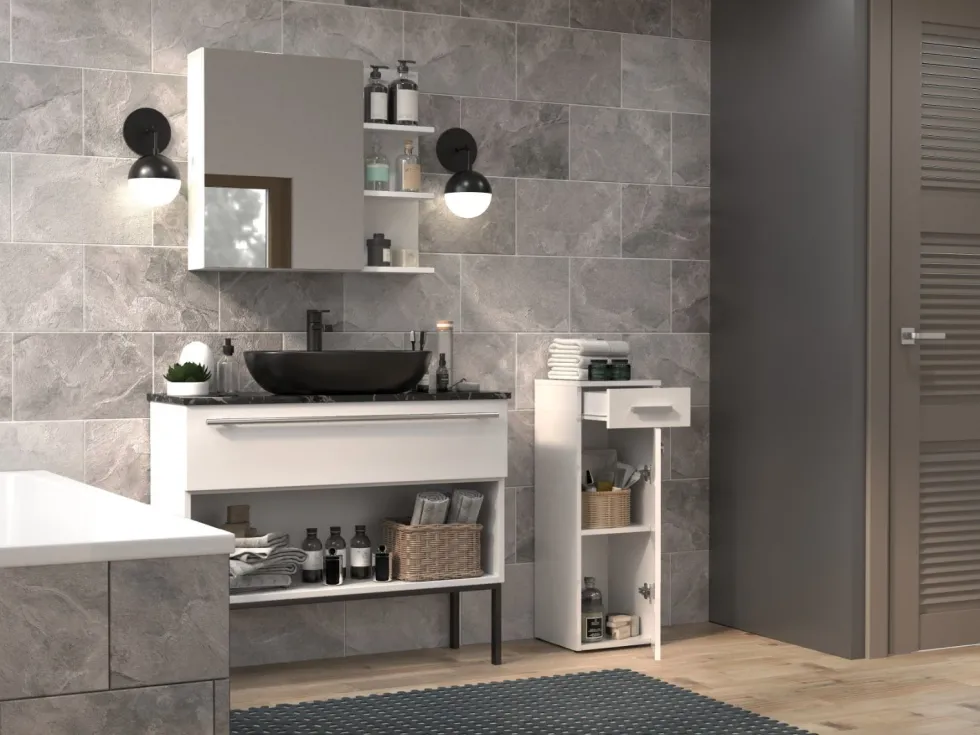 Mobiletto bagno a colonna 30x85 cm con anta e cassetto bianco lucido MBT2