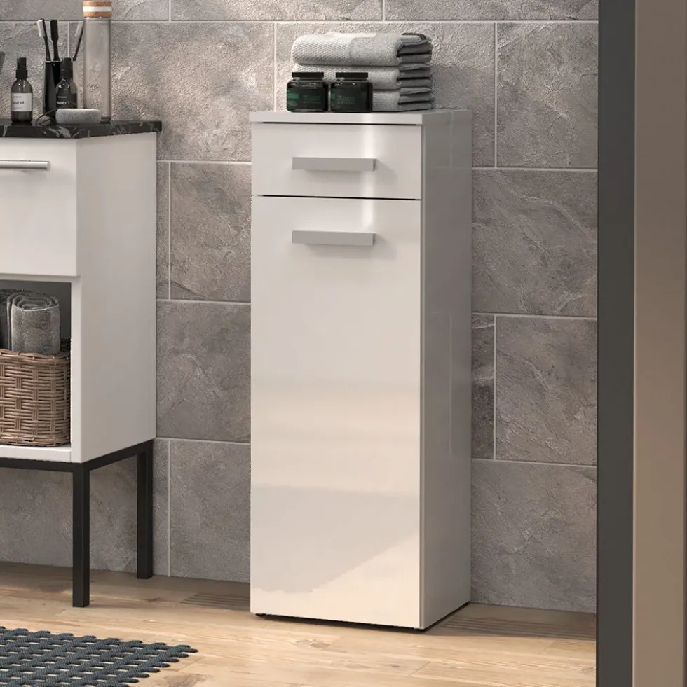 Mobiletto bagno a colonna 30x85 cm con anta e cassetto bianco lucido MBT2