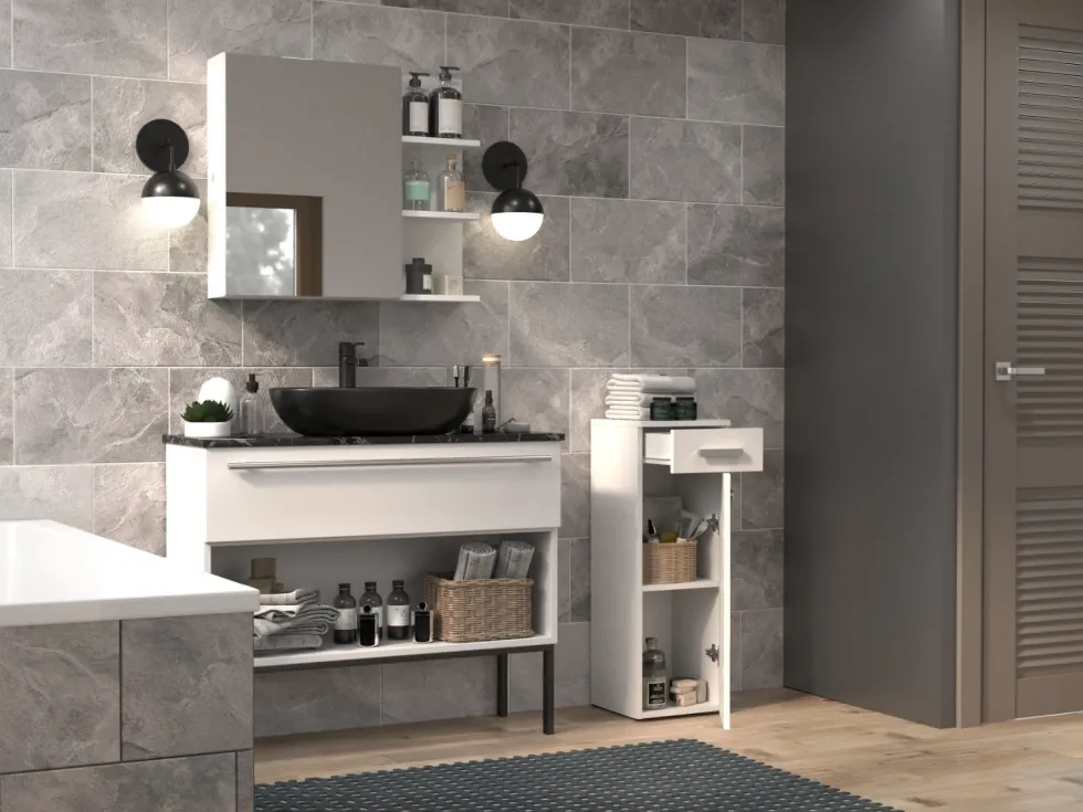 Mobiletto bagno a colonna 30x85 cm con anta e cassetto bianco opaco MBT2