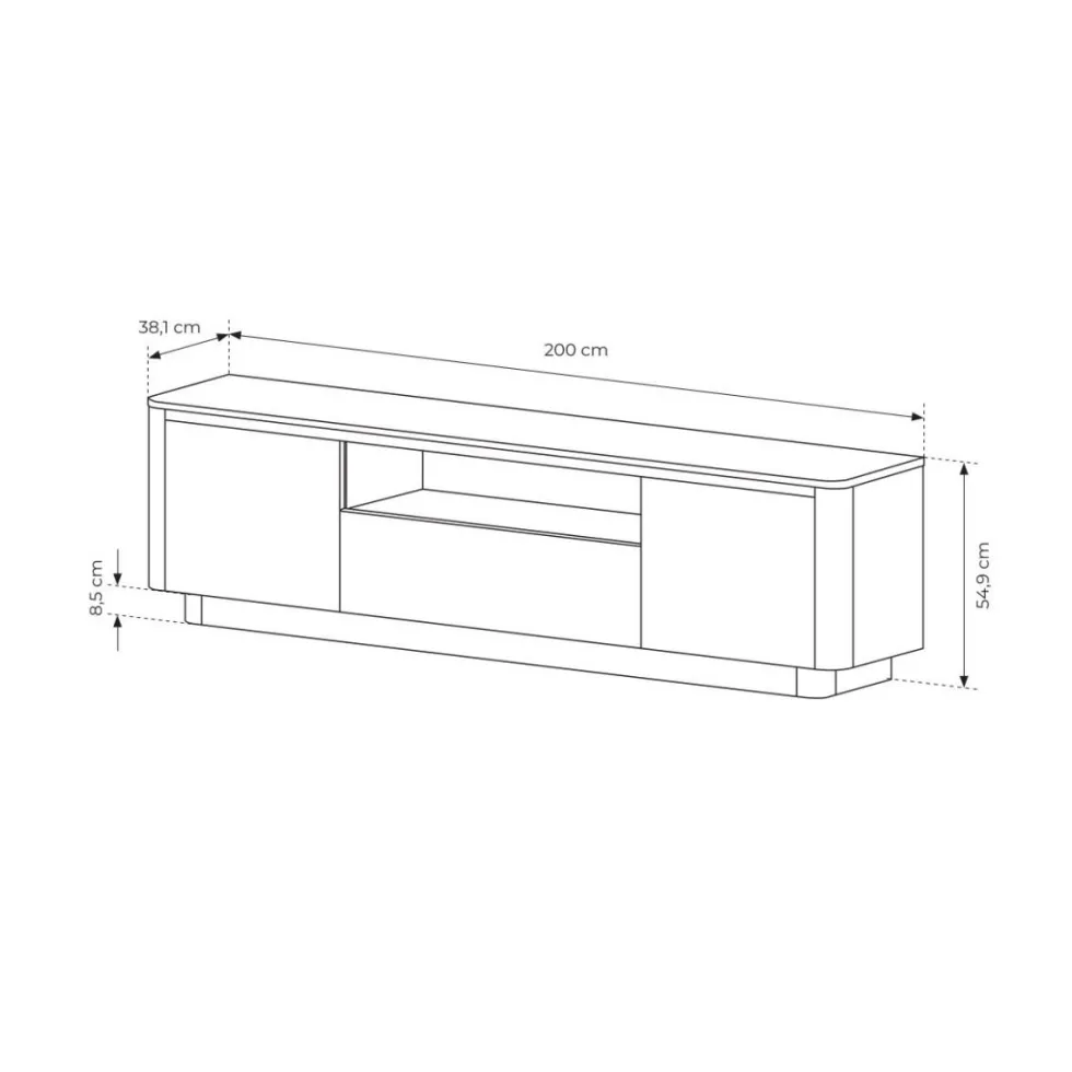 Mobiletto tv moderno 200x55 cm con ante push to open in rovere e nero PTVLK31