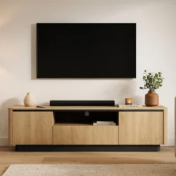 Mobiletto tv moderno 200x55 cm con ante push to open in rovere e nero PTVLK31