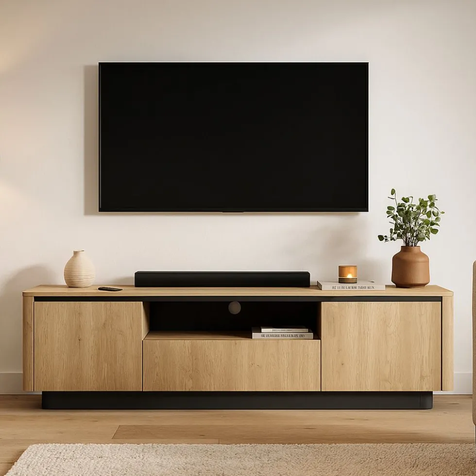 Mobiletto tv moderno 200x55 cm con ante push to open in rovere e nero PTVLK31