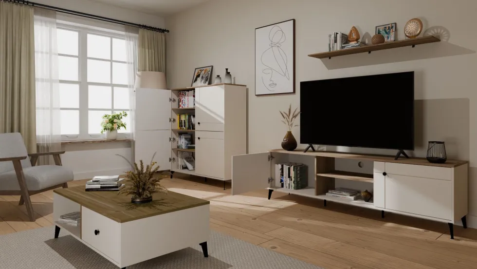 Mobile tv grande 183,5 cm con ante cashmere e rovere PTVT5