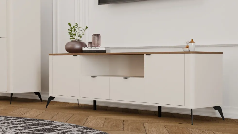 Mobile tv grande 186 cm con ante e cassetti cashmere e rovere PTVT3