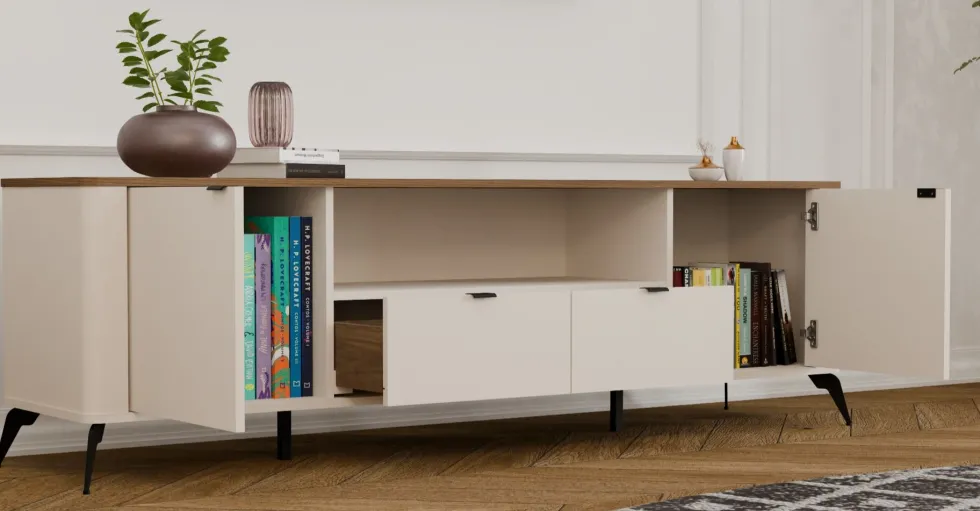Mobile tv grande 186 cm con ante e cassetti cashmere e rovere PTVT3
