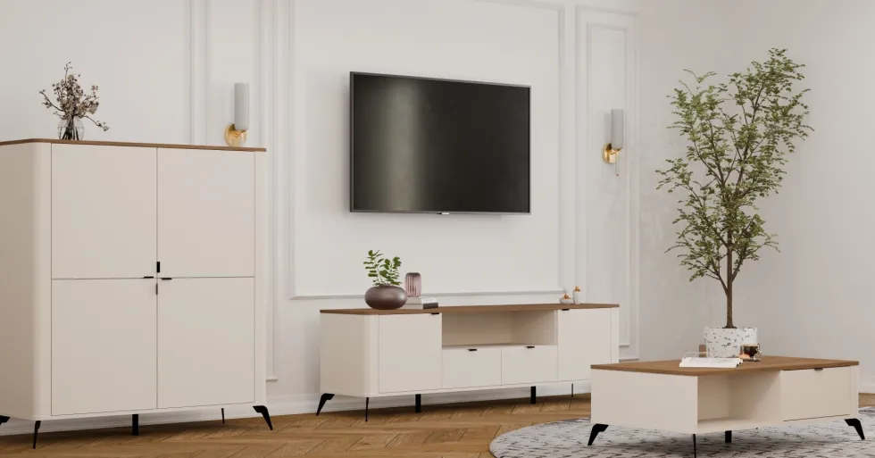 Mobile tv grande 186 cm con ante e cassetti cashmere e rovere PTVT3